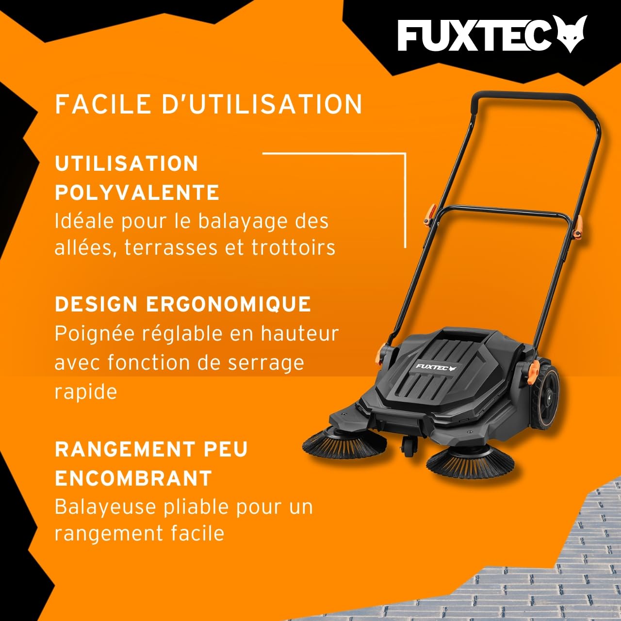 Balayeuse mécanique FUXTEC FX-HK65 – idéale pour surfaces extérieures moyennes à grandes. Largeur de travail 650 mm, cuve 20 L, capacité jusqu'à 2000 m², design ergonomique