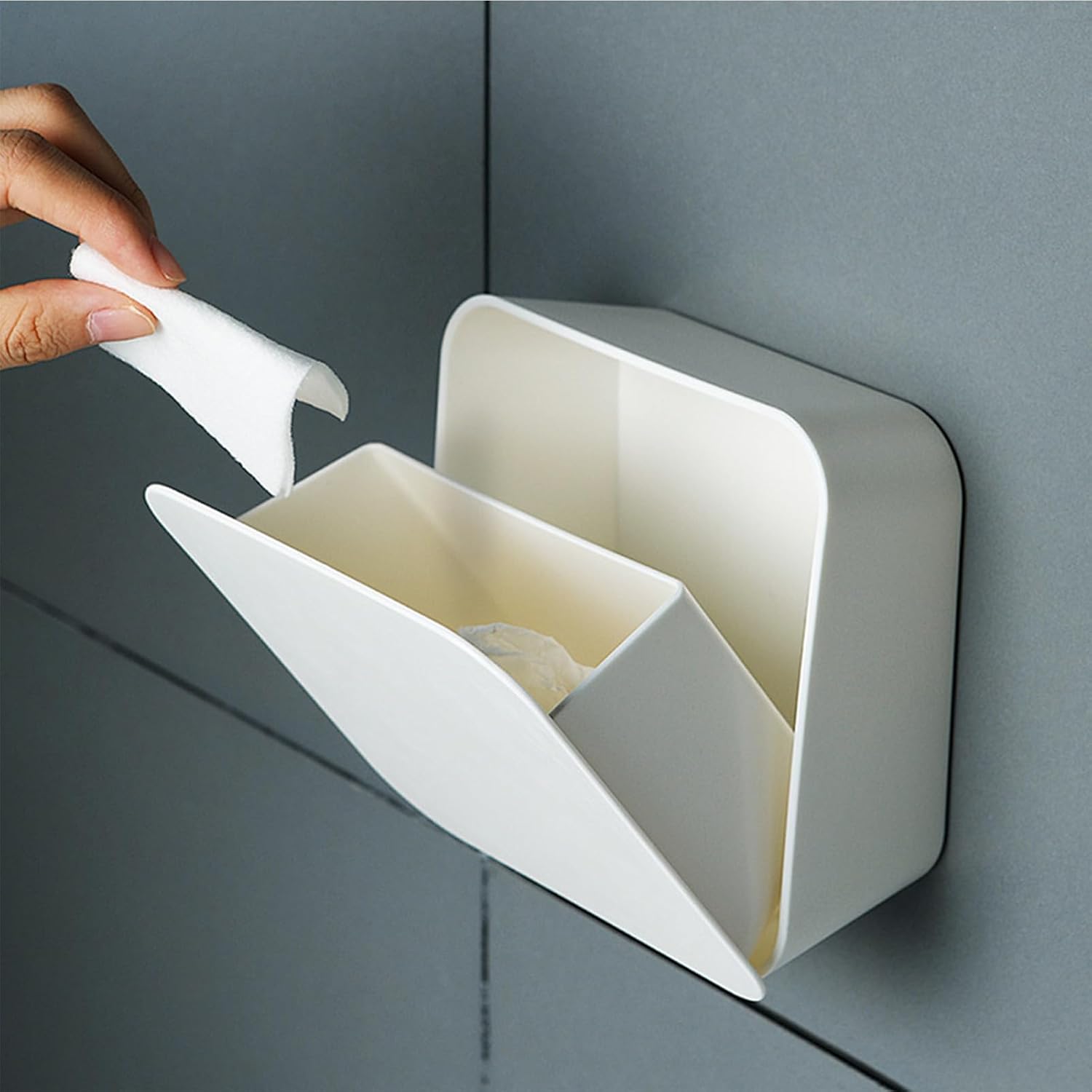 Qtip Dispenser, Wall Mounted Cotton Swab Holder with Dustproof Lid Adhesive Storage Box for Bathroom Vanity Organization Makeup Accessories