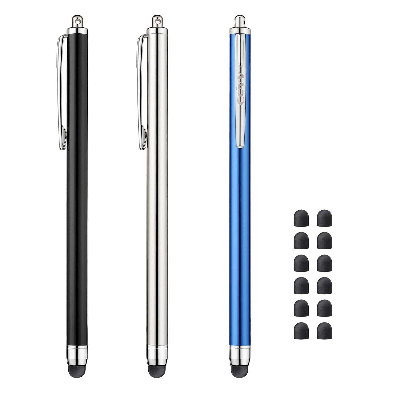 3 Pcs Stylus Pens for Touch Screens [0.24 inch Tip Series], 12 Extra Replaceable Rubber Tips (Black/Silver/Dark Blue)