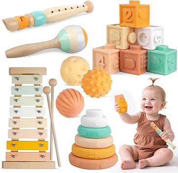 Baby Toys Montessori Toys for Babies 1-3,Wooden Musical Instruments Toy Stacking Building Blocks,Infant Teething Toys Sensory Balls,Xylophone,Birthday Gift for Toddlers 1+ Year Old