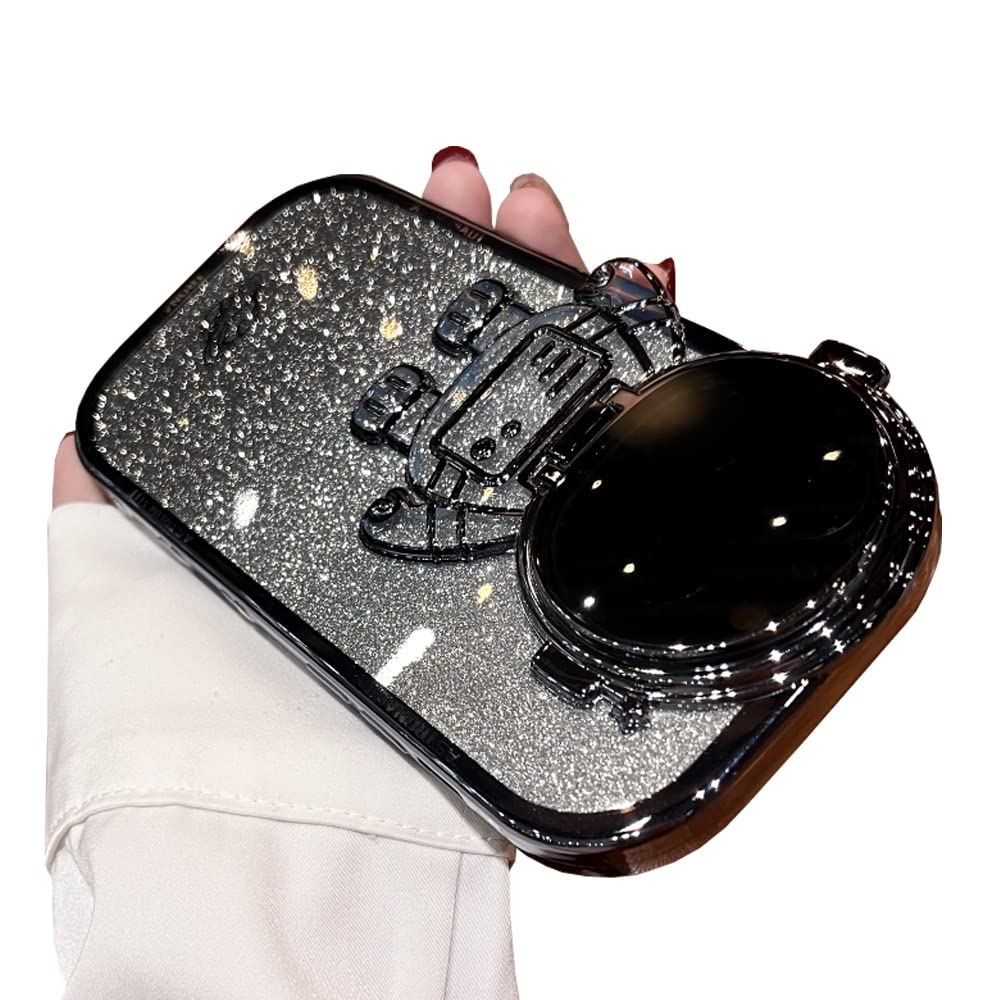 QoKcoahn Astronaut Hidden Stand Phone Case for iPhone 15 Plus,Cute Astronaut Lens Camera Protector Kickstand Luxury Glitter Bling 6D Electroplated