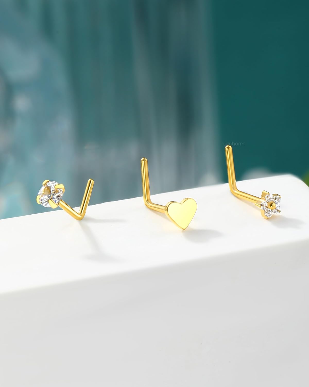 COCHARM 3PCS Titanium Flower Nose Rings Studs 20G, 6.5mm L-Shaped Nose Piercing Jewelry Set - Hypoallergenic Surgical Steel Heart L Bend Nostril Stud for Women Men