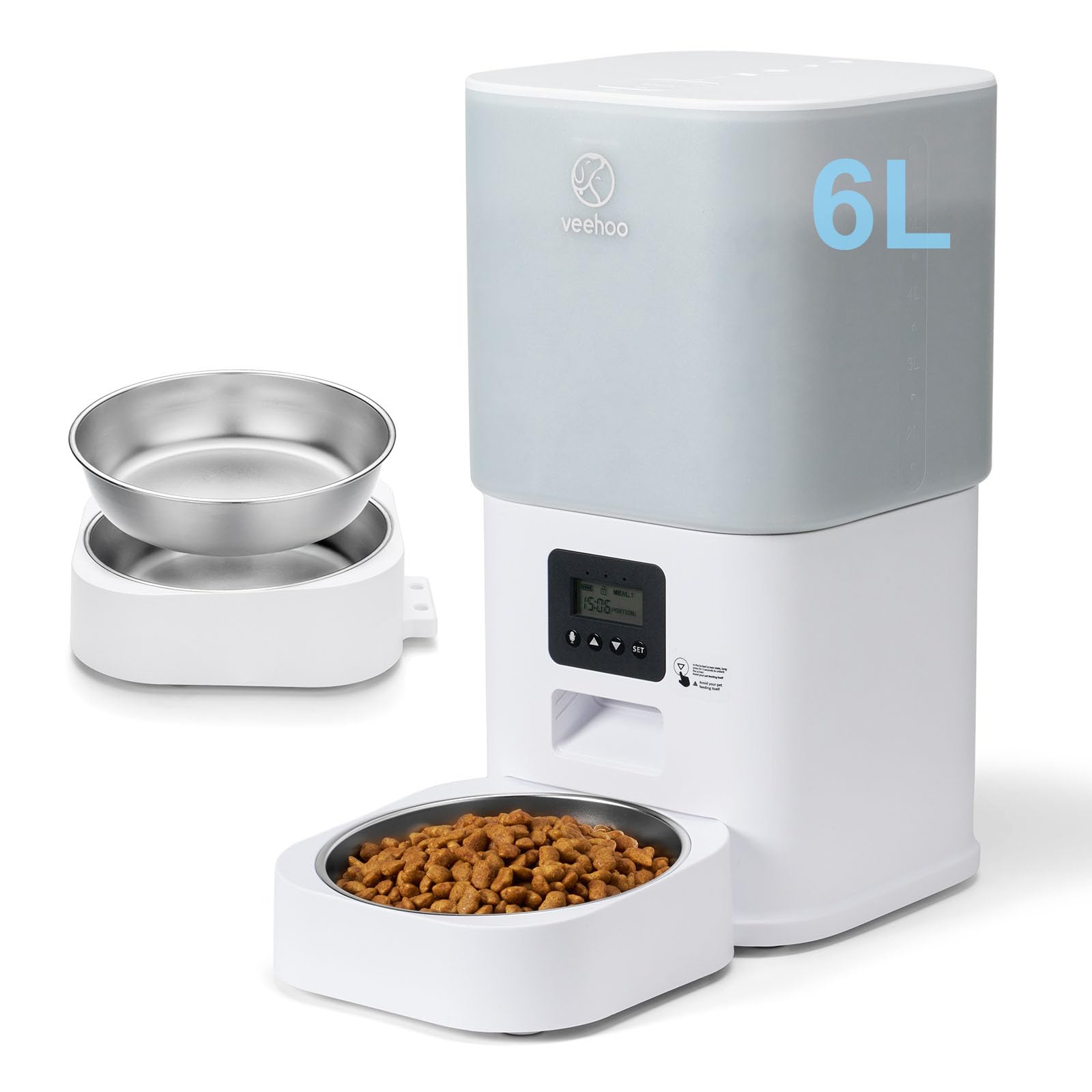 Veehoo Automatic Cat Feeder - 6L Automatic Dog Feeder with Stainless Steel Bowl, Timed Cat Food Dispenser with Memory Function, 10s Voice Recorder, Dual Power Supply