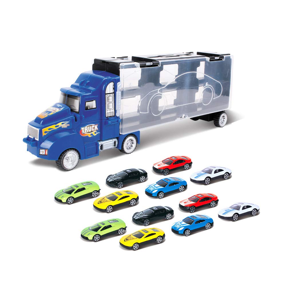 Toy Truck Transport Car Carrier Toy for Boys and Girls age 3-10 yrs old - Hauler Truck Includes 12 Toy Cars and Accessories - Ideal Gift For Kids (Blue)