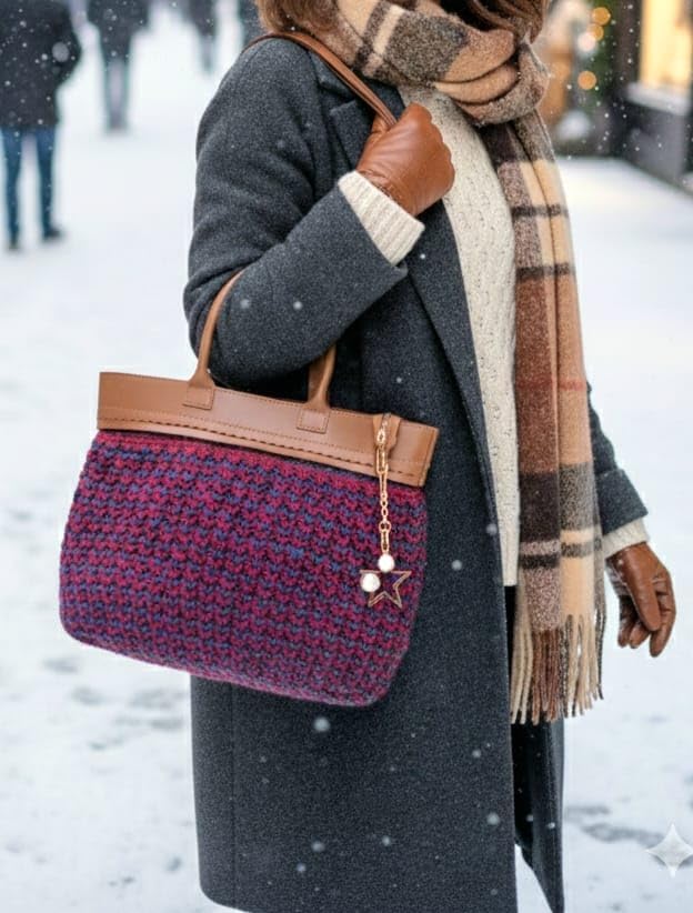 Designer Knit Tote Bag for Women – Structured Shoulder Handbag with Leather Handles, Statement Winter Purse - Image 3