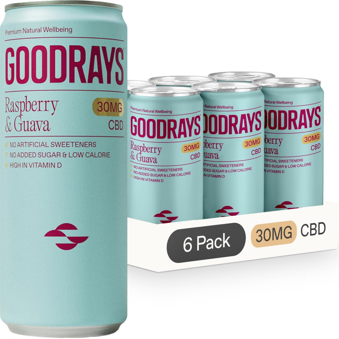 GOODRAYS CBD Drinks, Sparkling Low Calorie Soft Drink, Vegan, Raspberry & Guava, 6 x 250ml Cans, Packaging May Vary