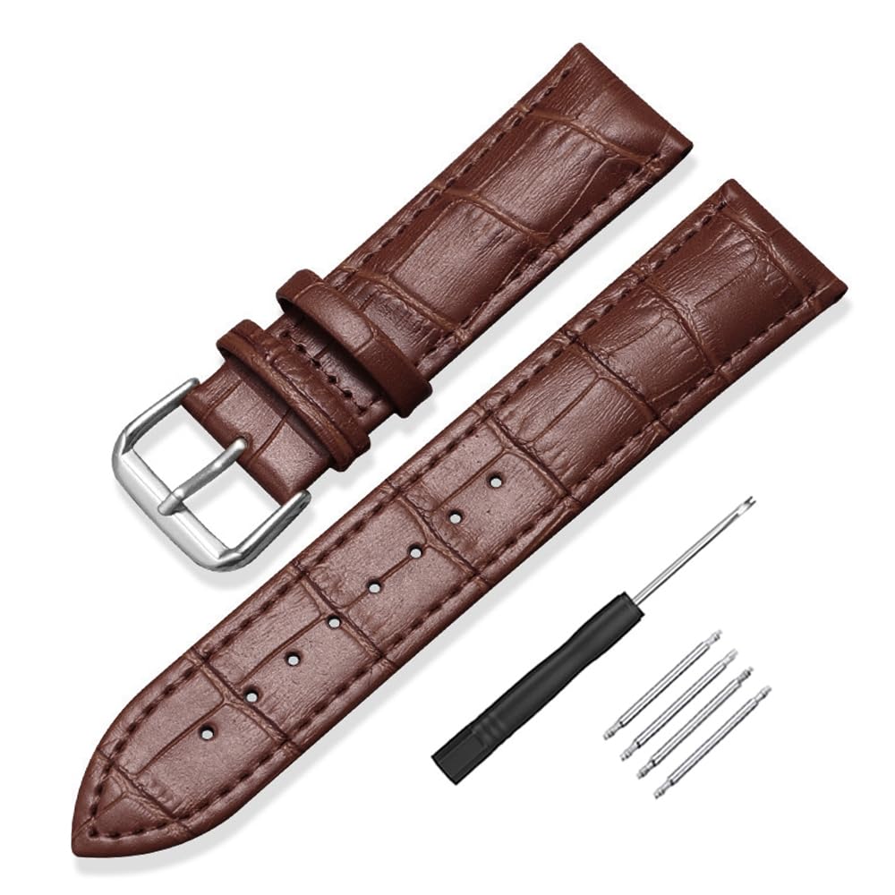 Alligator-Embossed Genuine Leather Watch Straps - Calf Leather Replacement Bands with Stainless Steel Buckle (12mm,14mm,16mm,18mm,20mm,22mm,24mm) Unisex for Men & Women