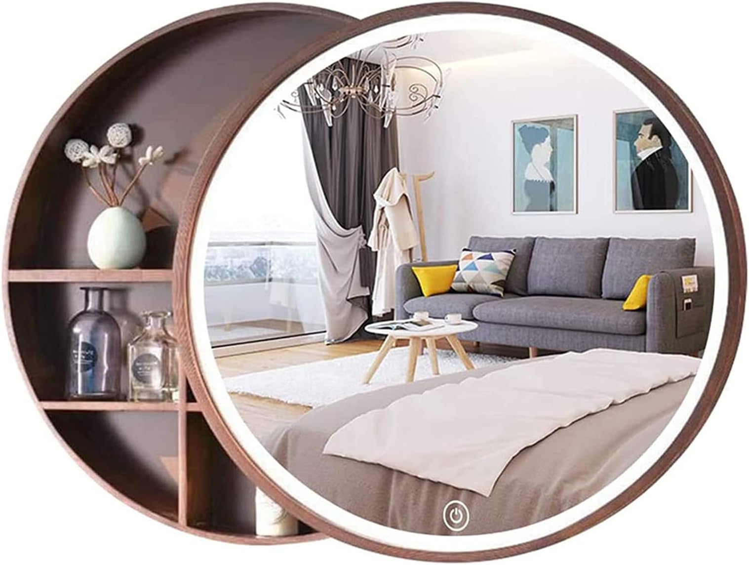YXZN Makeup Mirror Bathroom Mirror - Cabinet Solid Wood Bathroom Mirror - Open Door Intelligent Round Mirror Cabinet with Shelf Vanity Round Bathroom Mirror Wall Hanging