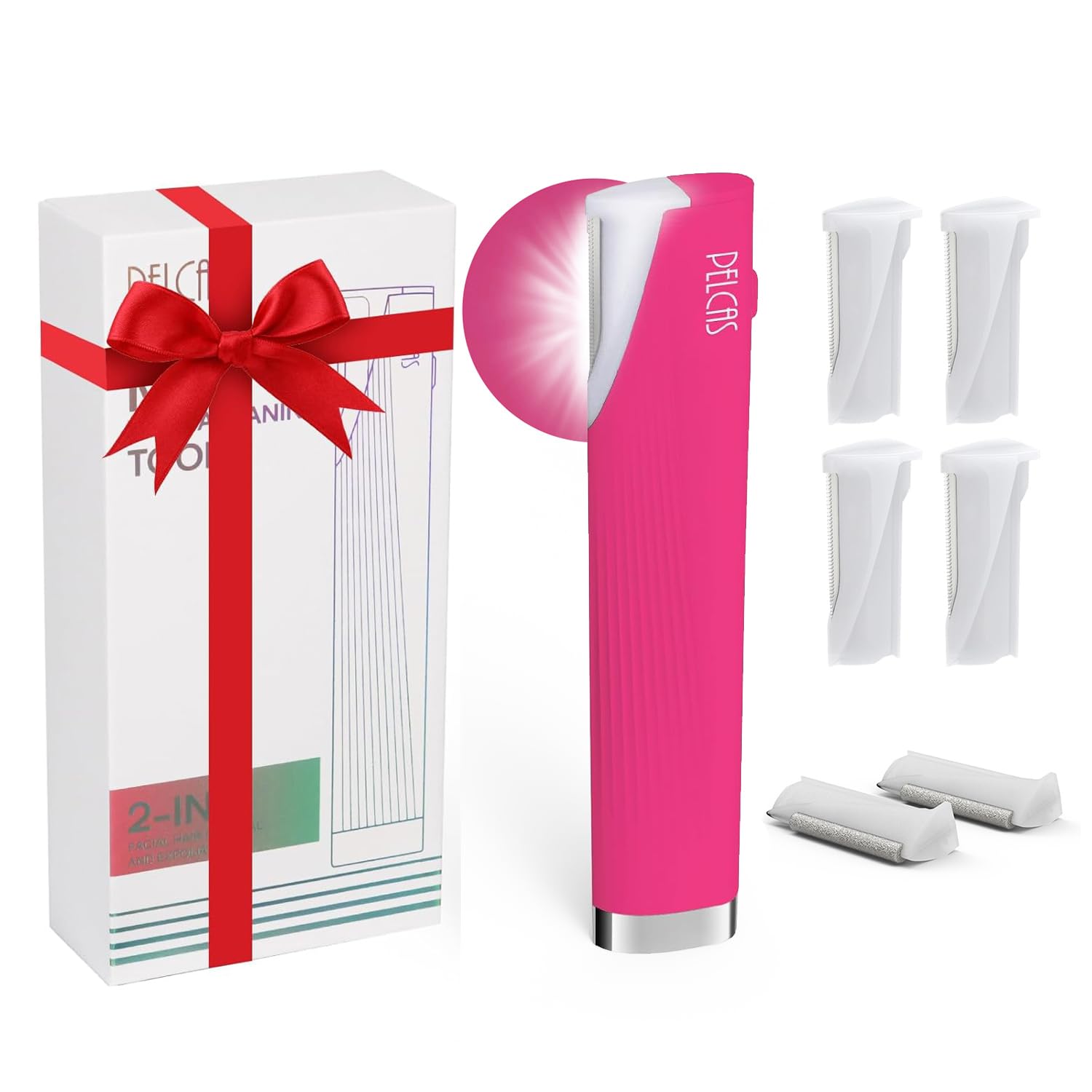 PELCAS Electric Dermaplaning Tool for Face with LED Light, Mini Dermaplaning Razor Kit for Women with 6 Replace Blades 3 Speeds Facial Peach Fuzz