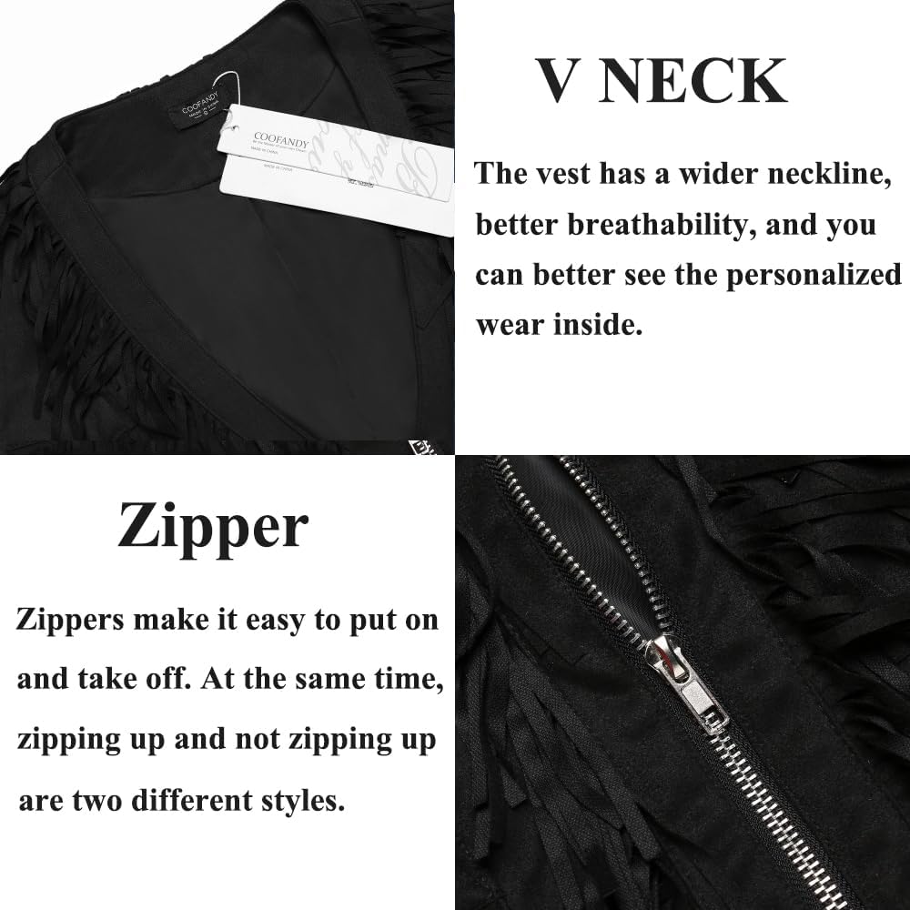 COOFANDY Men's Western Cowboy Vest Casual Fringe Hippie Costume V Neck Zipper Suede Leather Waistcoat - Image 6