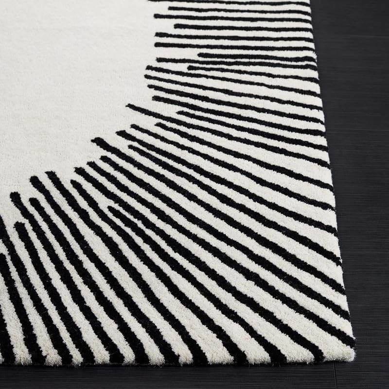 Hand-Tufted Wool Area Rug with Abstract Line Pattern – Soft Plush Modern Carpet for Living Room, Bedroom & Contemporary Home Decor (White & Black, 10x10 Square)