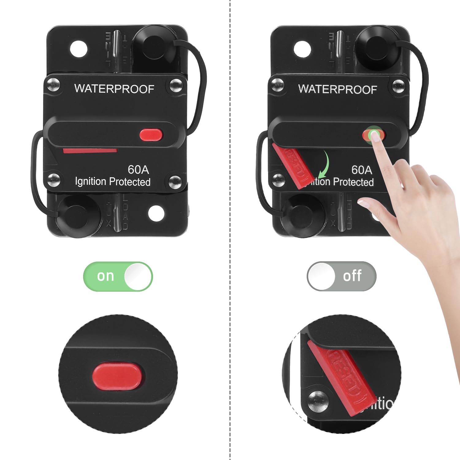 QWORK® Wyłącznik automatyczny 60 A z ręcznym resetowaniem 12 V-48 V DC, wodoodporny, inline, do silników trolingowych, samochodów, łodzi, ciężarówek