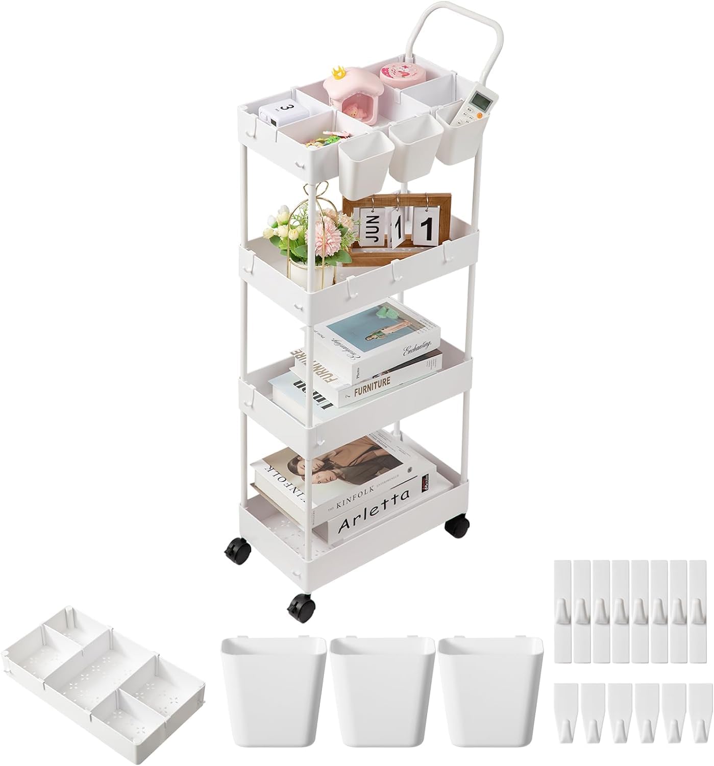 danpinera Chariot de service étroit pour enfants, chariot de service avec 4 niveaux, chariot de cuisine avec séparateurs, crochets et tasses suspendues, chariot de niche pour chambre d'enfant, cuisine