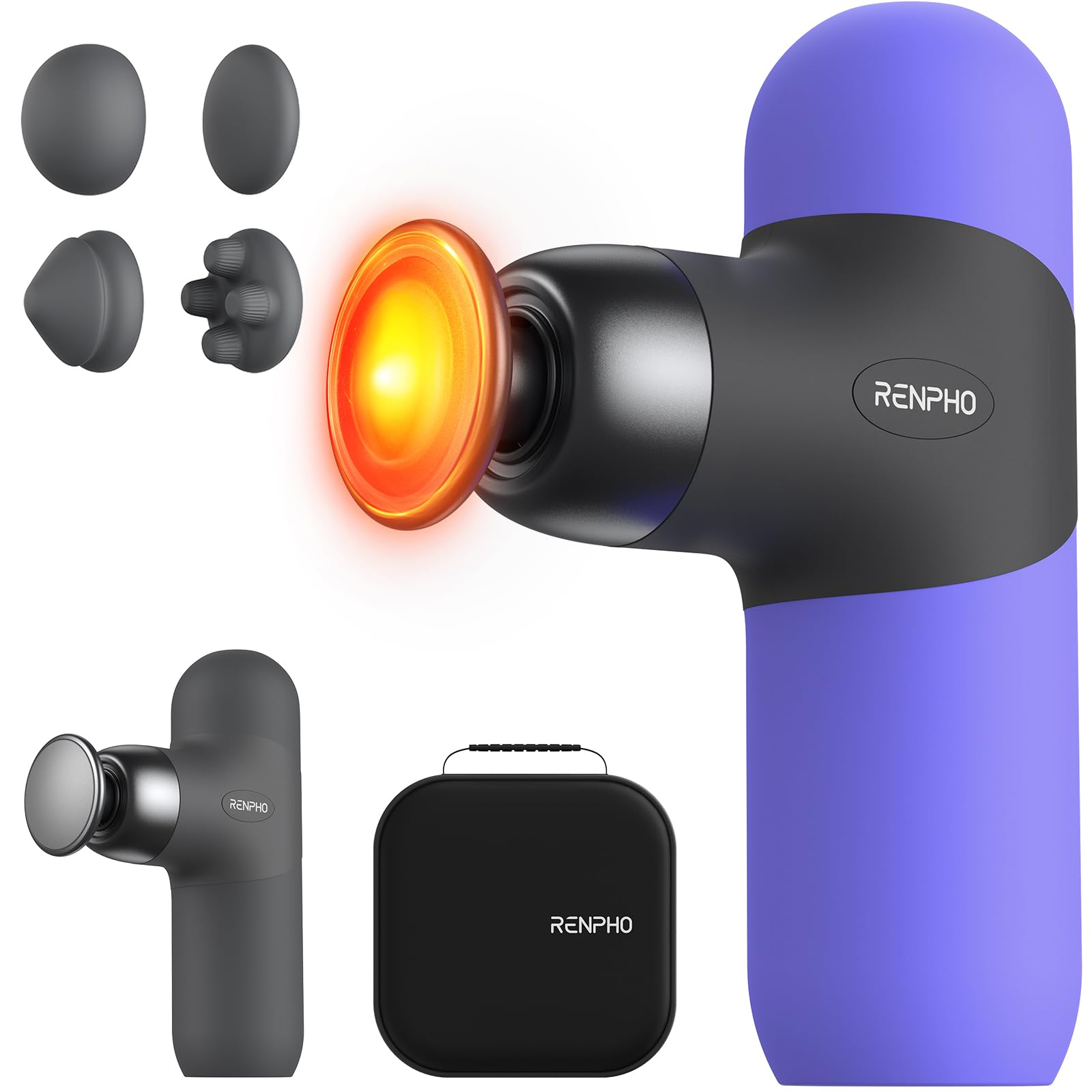 RENPHO Mini Thermal Massage Gun with Heat, Portable Deep Tissue Percussion Massager, Color Silicone Sleeves Travel Size with Carry Case, Purple