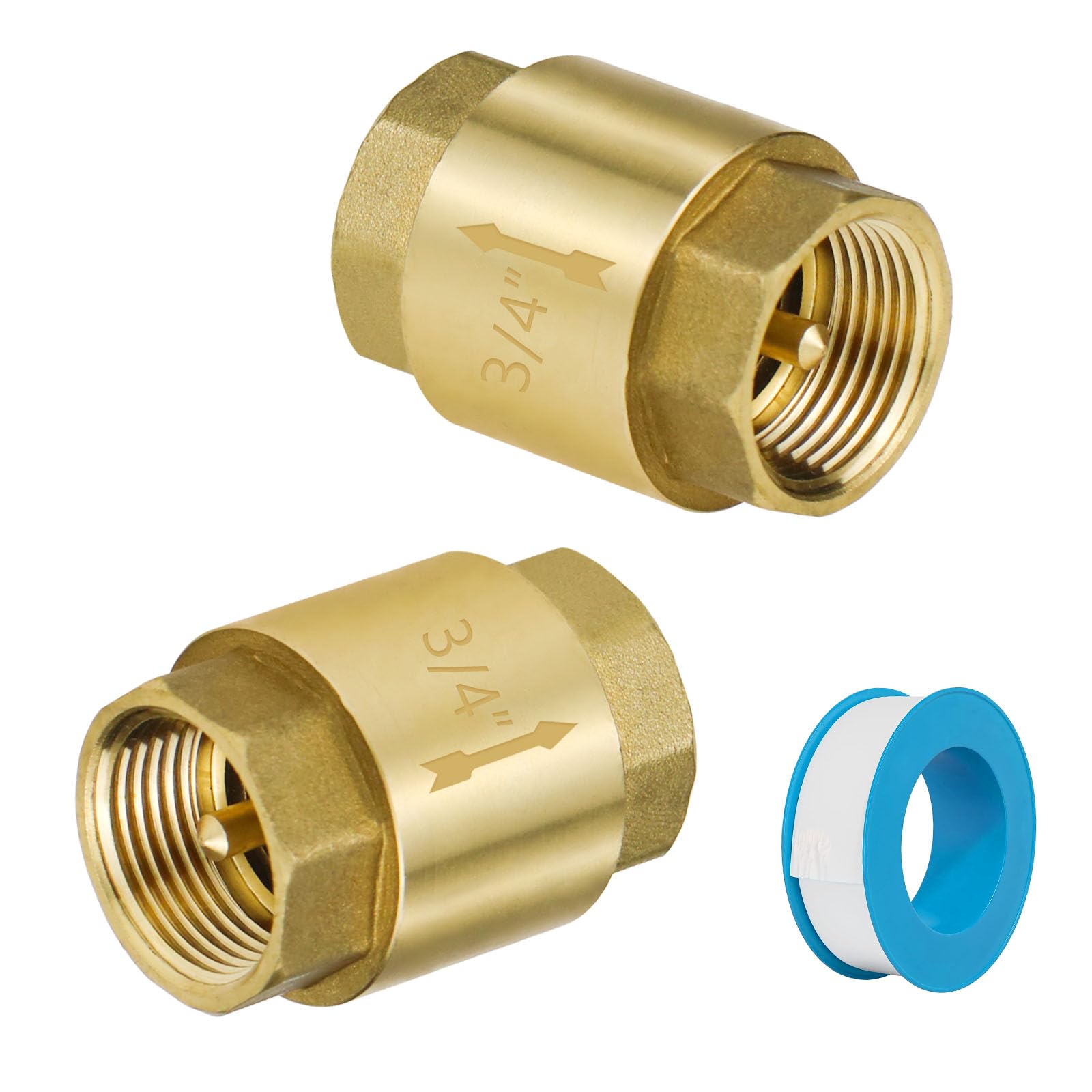 Angry Pony NPT 3/4 Thread Brass Spring Check Valve, Water Backflow Preventer, One Way Valve for Sum Pump, Air Compressor, Non-return Backflow Prevention for Oil/Gas/Water(2PCS)