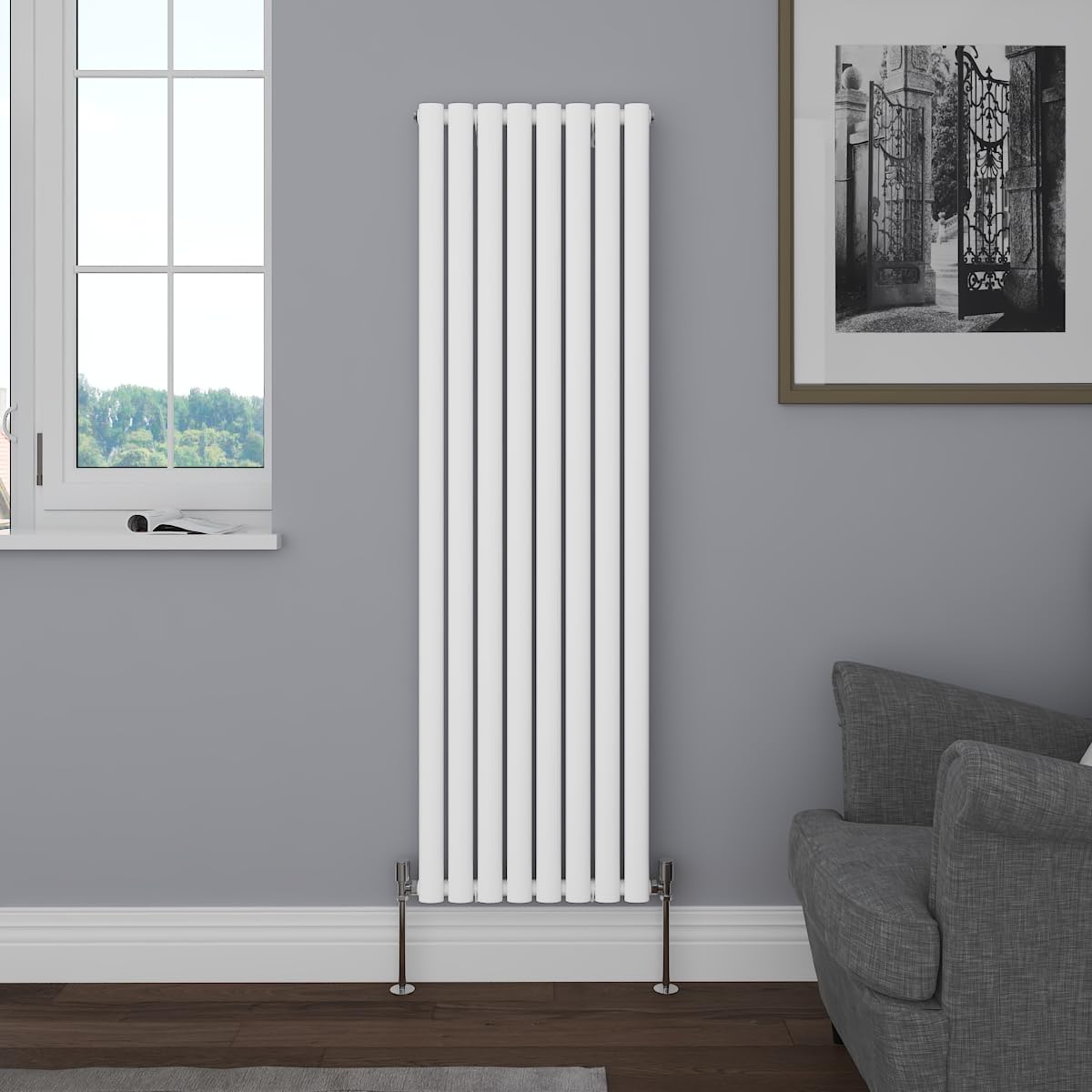 NRG Vertical 1600x472 Oval Column Designer Radiator Bathroom Central Heating Single Panel Gloss White — image 1