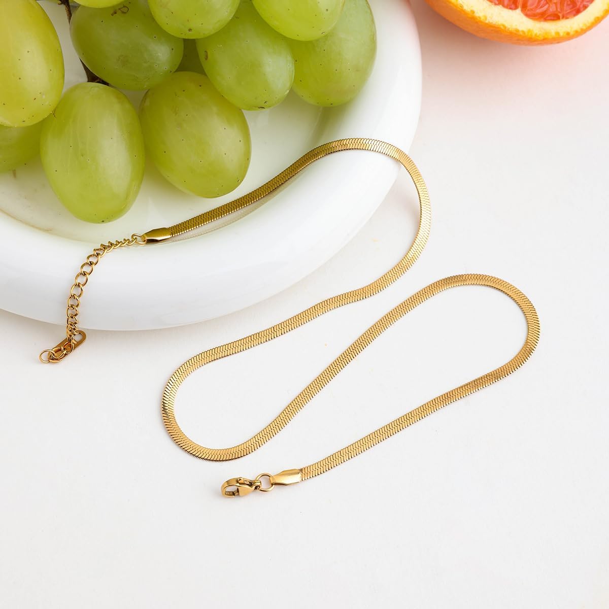 Dainty 18K Gold Plated Herringbone Necklace for Women, Waterproof & Hypoallergenic, Gold Flat Snake Chain Necklace Choker for Women, Ideal Gift