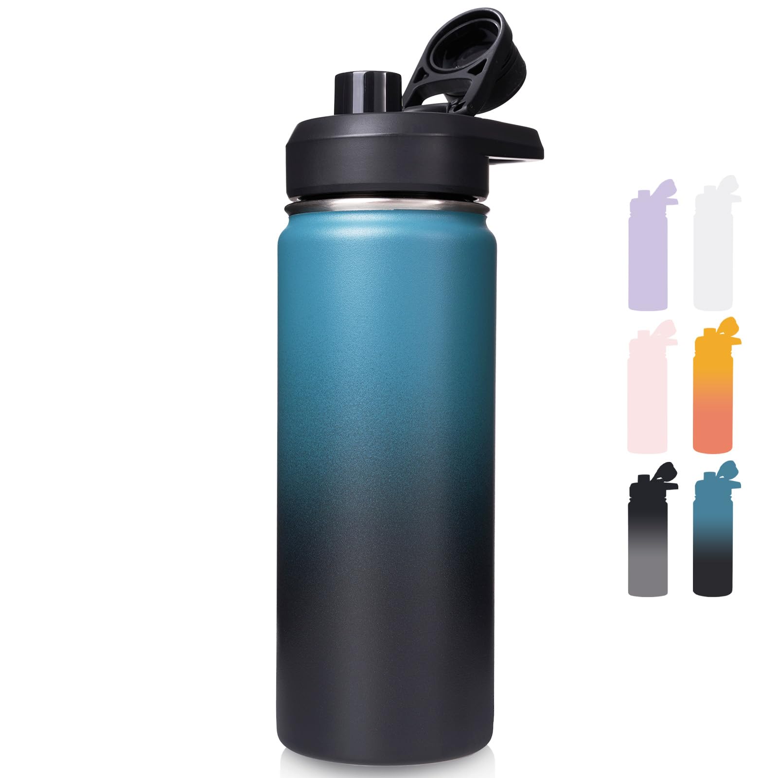 fijinhom 18 oz insulated water bottle with handle, 304 stainless steel water bottles with wide mouth, double wall vacuum sports water bottle, bpa free, keep cold and hot, blue&black