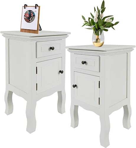 Babion Juego de 2 mesitas de noche blancas con cajón y armario de una puerta mesita de noche para espacios pequeños dormitorio mesa auxiliar color
