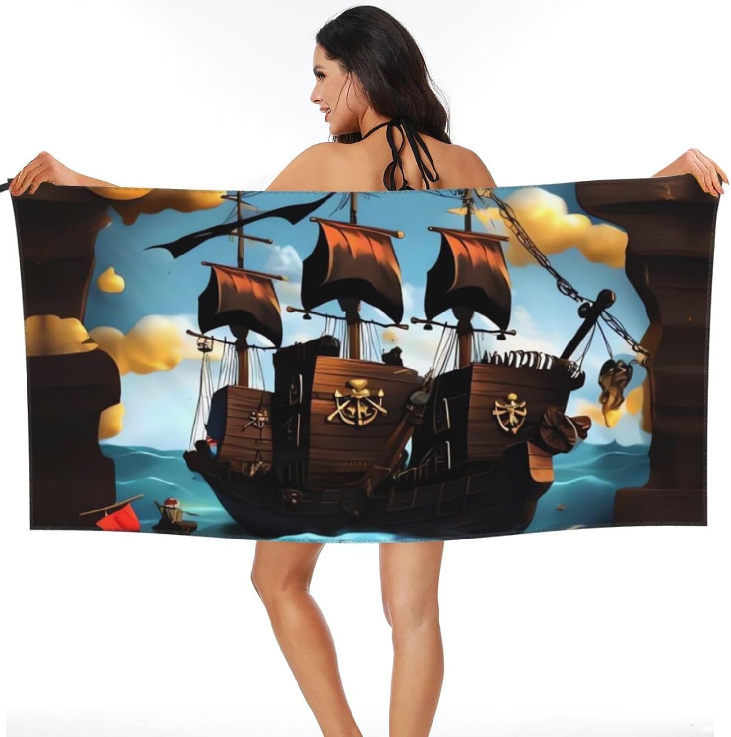 Large Quick Dry Beach Towel Cartoon Pirate Ship Printing Microfiber Camping Towels Super Absorbent Travel Beach Towels for Traveling,Hiking,Swimming, Bath,Sports,Yoga (27.5"X55")