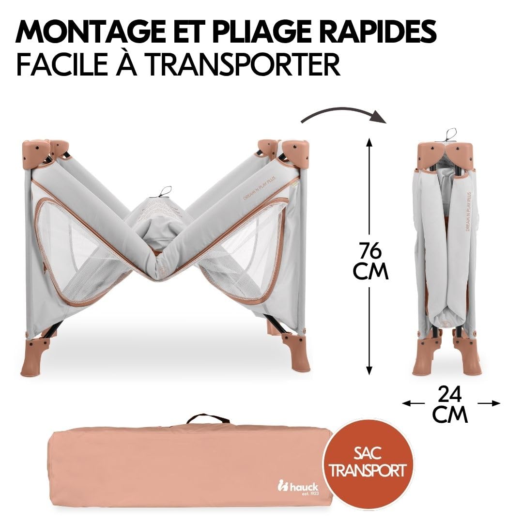 Hauck Dream N Play Plus Lit Parapluie Bébé Pliable avec Matelas, Moustiquaire, Sac de Transport – Dusty Cork