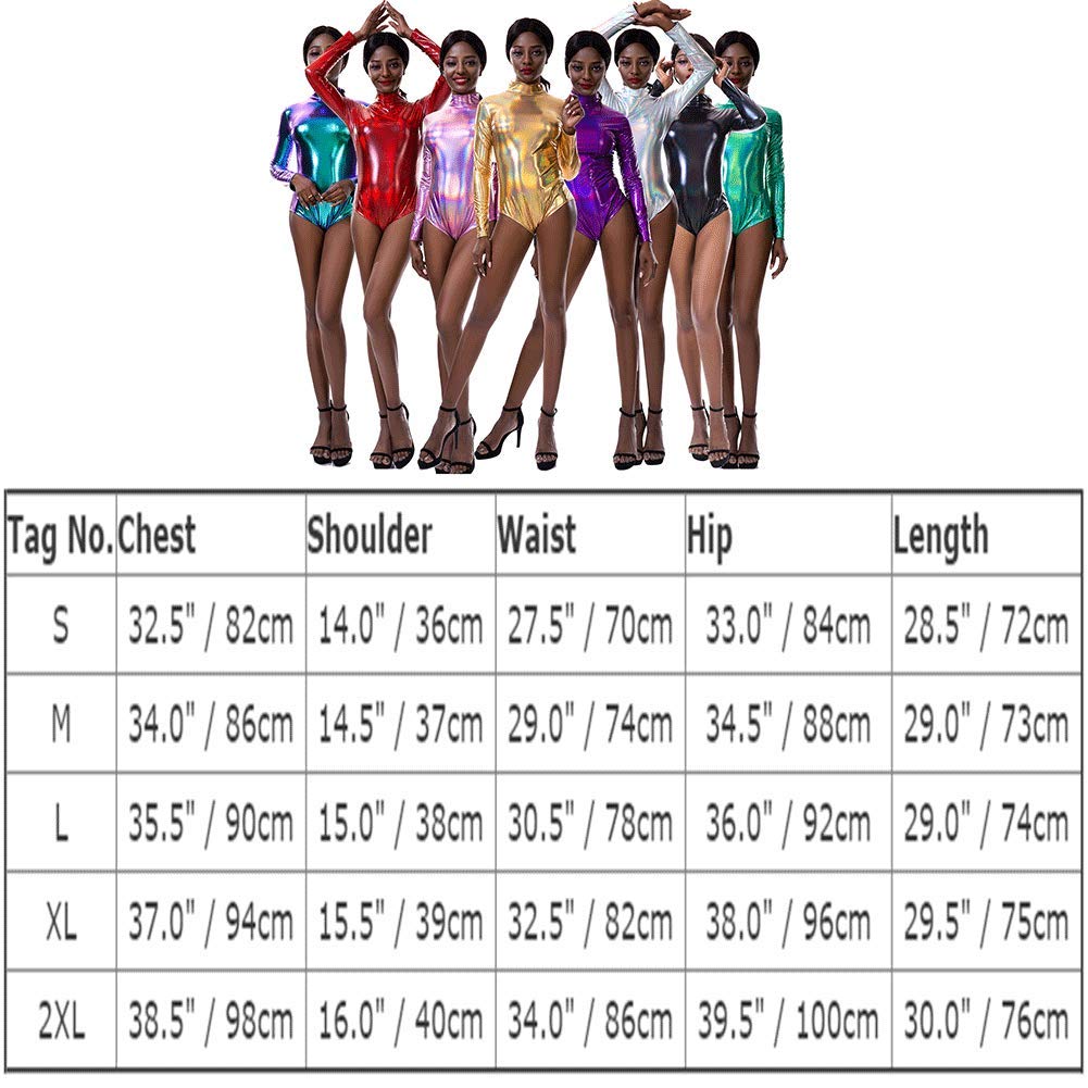 IMEKIS Justaucorps à manches longues pour femme - Brillant métallisé laser - En cuir - Body pour ballet, danse, gymnastique - Maillot de gymnastique - Maillot de gymnastique - Vêtement de nuit -