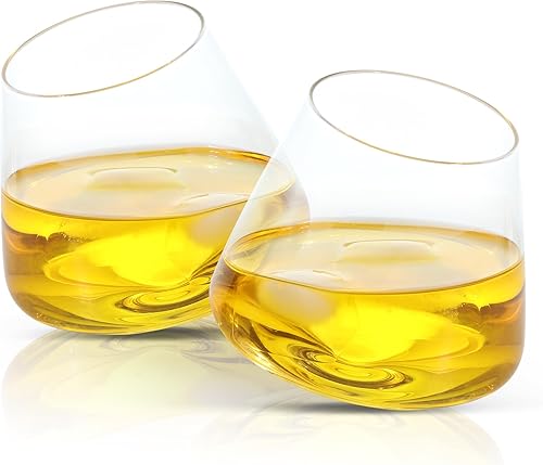 QUAFFER Juego de 2 vasos de vino de whisky inclinados, airean de forma natural, vidrio inclinado antiderrames, moderno y elegante, cristal antiguo