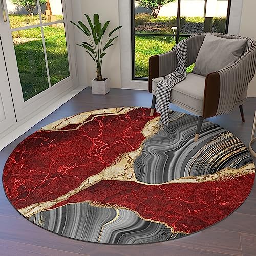 Marble Red Round Area Rugs Collection 5', Non Slip Indoor Circular Throw Runner Rug Floor Mat Carpet for Living Room Dining Table Bedroom Nursery Decor Modern Abstract Minimalist Grey Gold