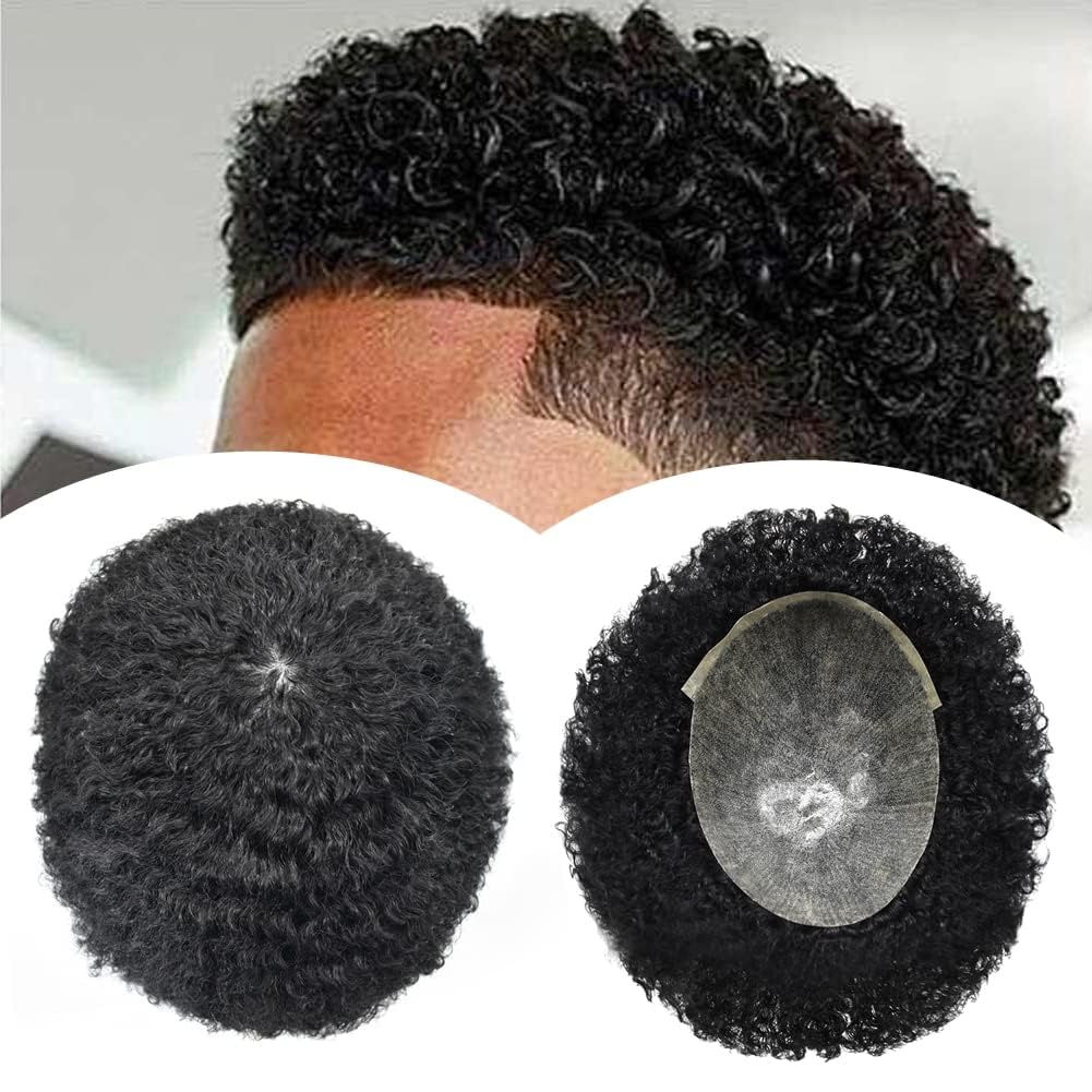 Afro Toupee for Black Men - Natural Poly Skin Hair System With Real Human Hair - African American Hair Piece (8''X10'', #1B Off Black-8MM Wave)