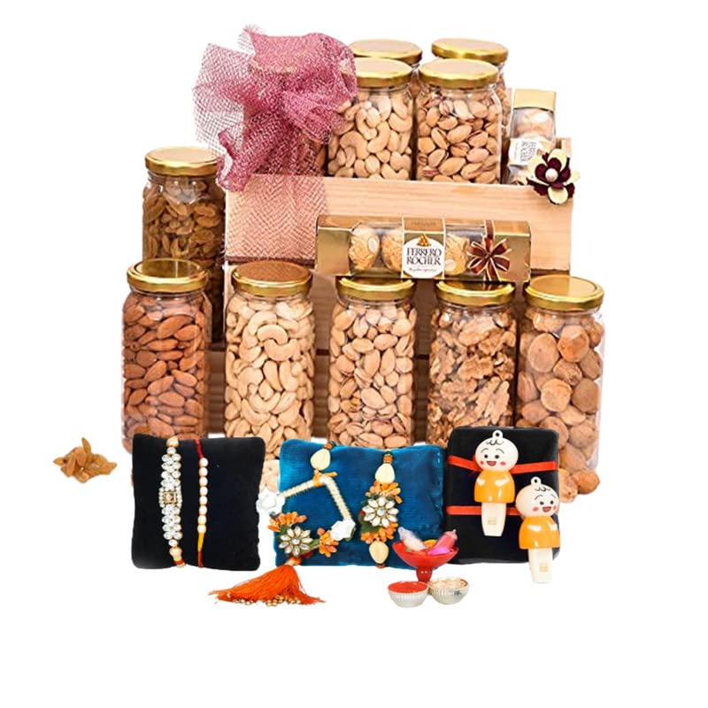 Image of NUTRI MIRACLE Rakhi Dry Fruit & Nut Gifts Box /Hamper With Fancy Rakhis For Brother /Bhai And Family Including Chocolates,650gm