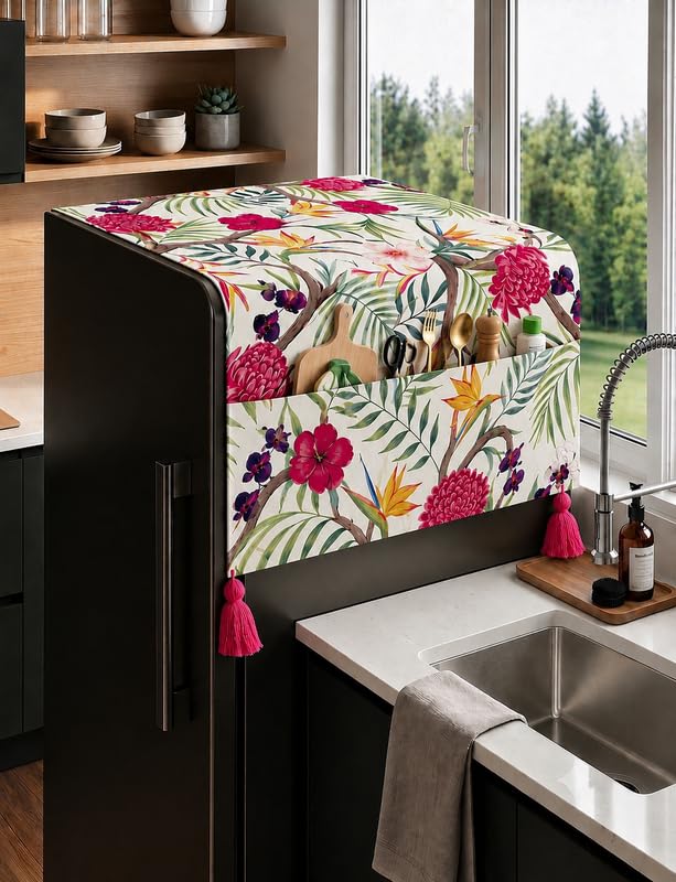 Image of WWW.THROWPILLOW.IN Fridge Top Cover for Single Door 100-250L | Small Size Dustproof Refrigerator Cover | Corner Tassels with Pockets | Floral Print | Single Door Fridge Cover Mat