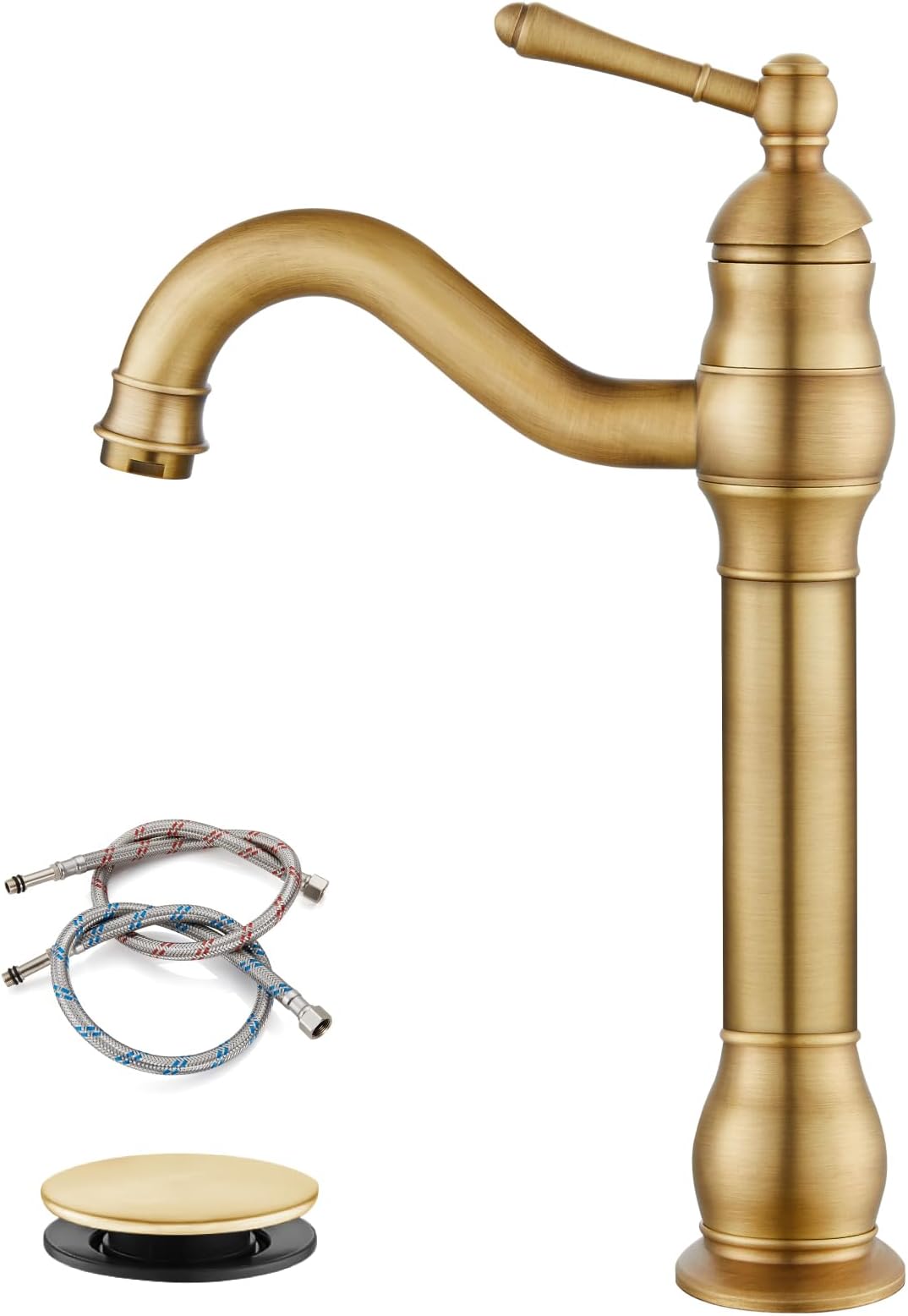Vessel Sink Faucet Antique Brass Bathroom Single Handle Lavatory Vanity Mixer Bar Tap with Pop Up Drain Tall Spout Single Hole Deck Mount