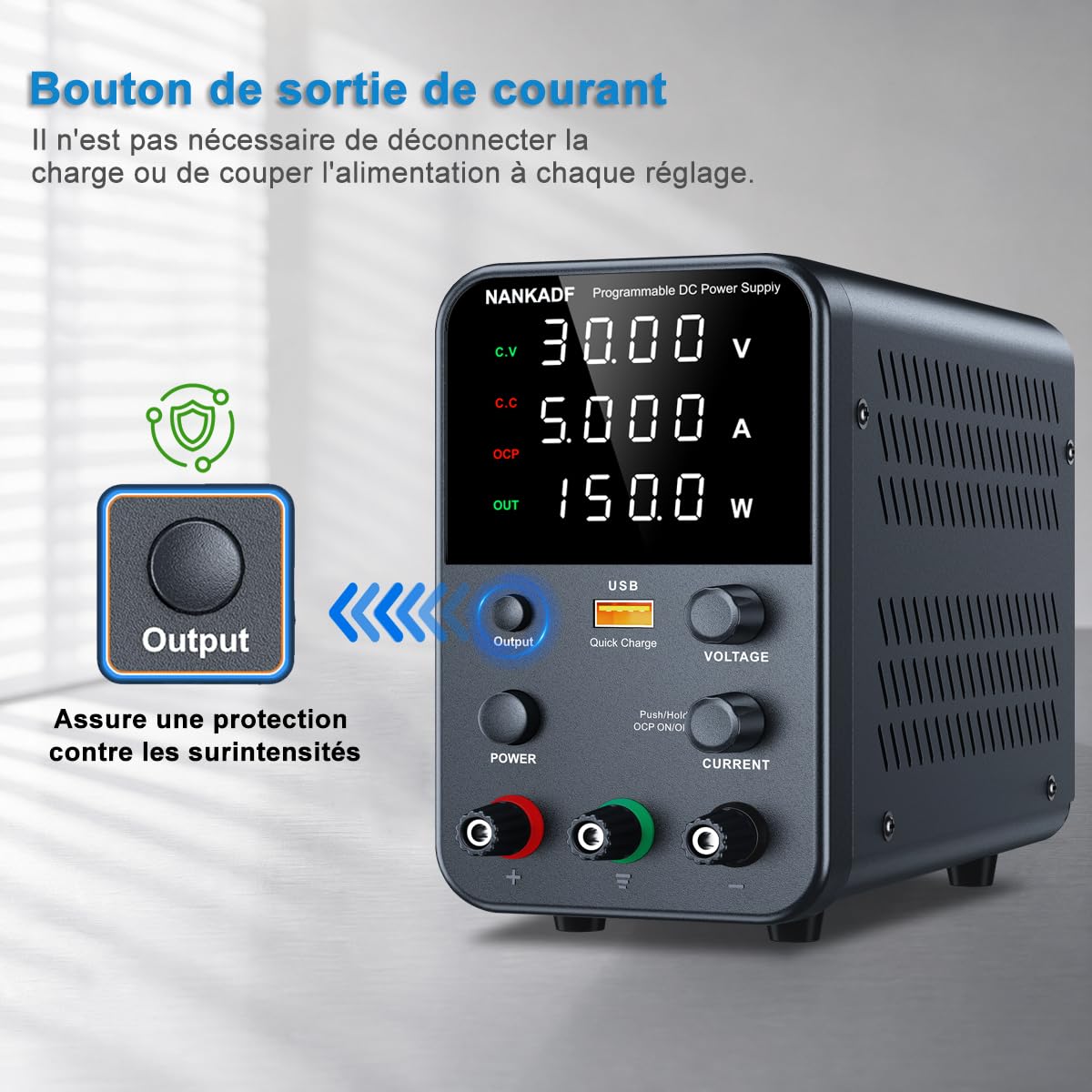 Alimentation DC (0-30 V, 0-5 A) réglable, alimenation à découpage, Alimentation de Banc de Laboratoire Variable, Bouton de Sortie Marche/arrêt/encodeur