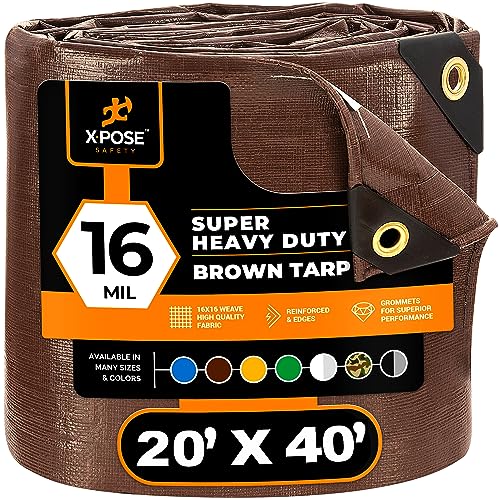 20' x 40' Super Heavy Duty 16 Mil Brown Poly Tarp Cover - Thick Waterproof, UV Resistant, Rip and Tear Proof Tarpaulin with Grommets and Reinforced Edges - by Xpose Safety by Xpose Safety - Used condition - US$125.99