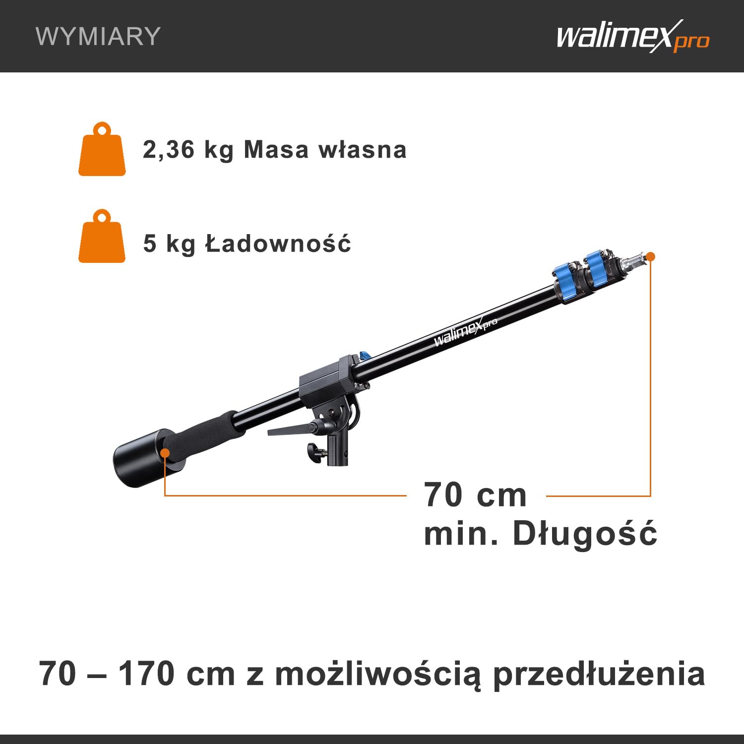 Walimex pro Szubienica 70-170 cm, nośność 5 kg, statyw świetlny, ramię z gwintem 1/4 cala, do lamp błyskowych studyjnych, lamp stałych, softboxów, wysuwane ramię wysięgnika, idealne do użytku wewnątrz