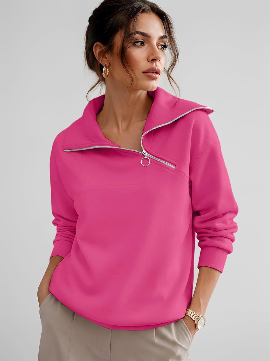 Cuptacc Pullover Women's Sweatshirt Autumn Quarter Zip Long Sleeve Tops | Autumn, winter, quarter zip, stand-up collar, turtleneck, casual, elegant, chic, loose, plain, baisc, fashionable L Pink