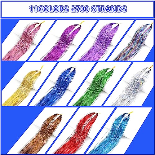 Djtinsel Hair Tinsel Kit 11 Colors Fairy Tinsel Hair Extensions 46 Inch Hair Tinsel Heat Resistant 2700 Strands Glitter Fairy Hair Tinsel Kit Hair Tensile With Beads (11 Colors) #TOP2