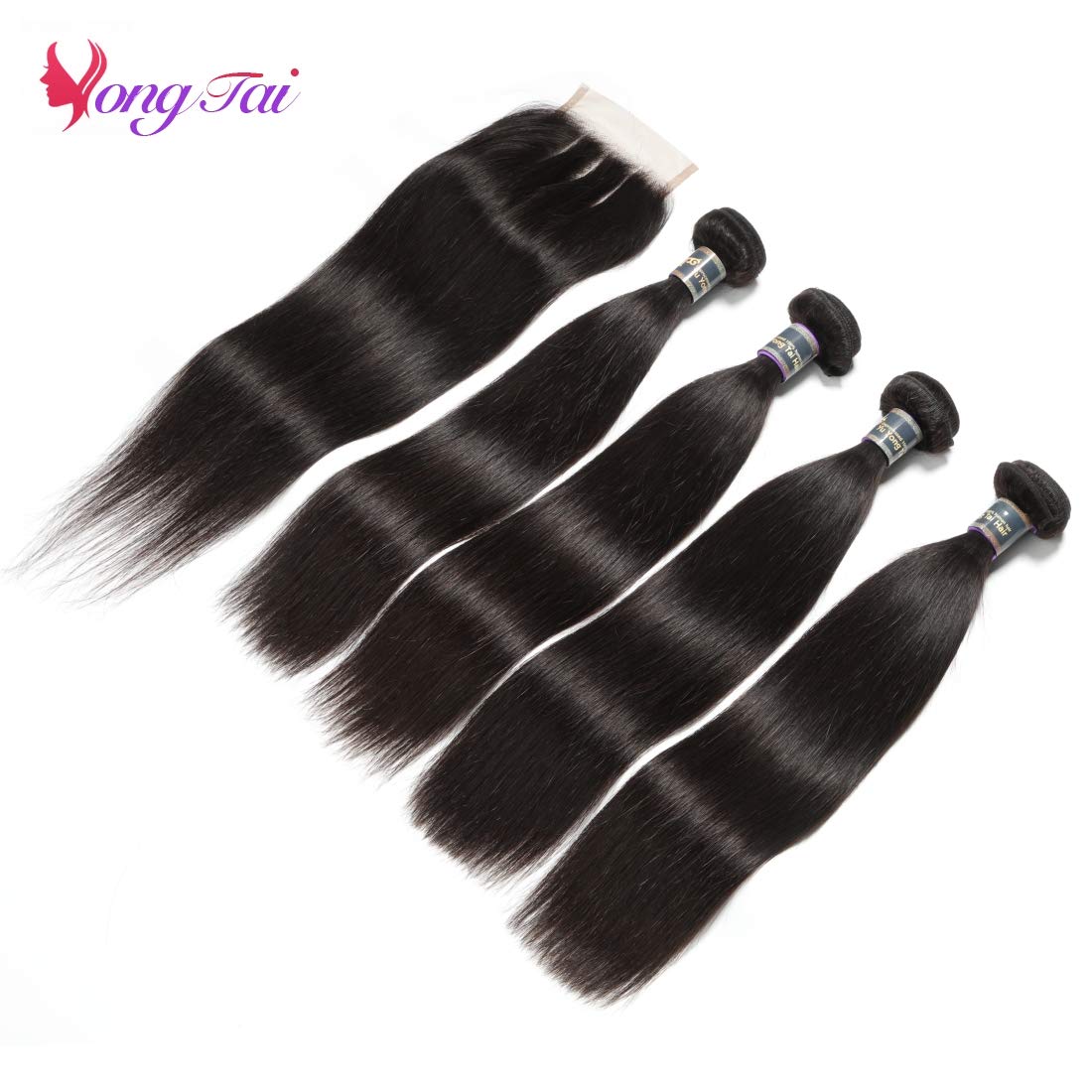 Straight Hair Bundles with Closure (14 16 18 20 +14)100% Unprocessed Malaysian Virgin Straight Hair 4 Bundles with 3 Part Lace Closure Human Hair Extensions 1B Color