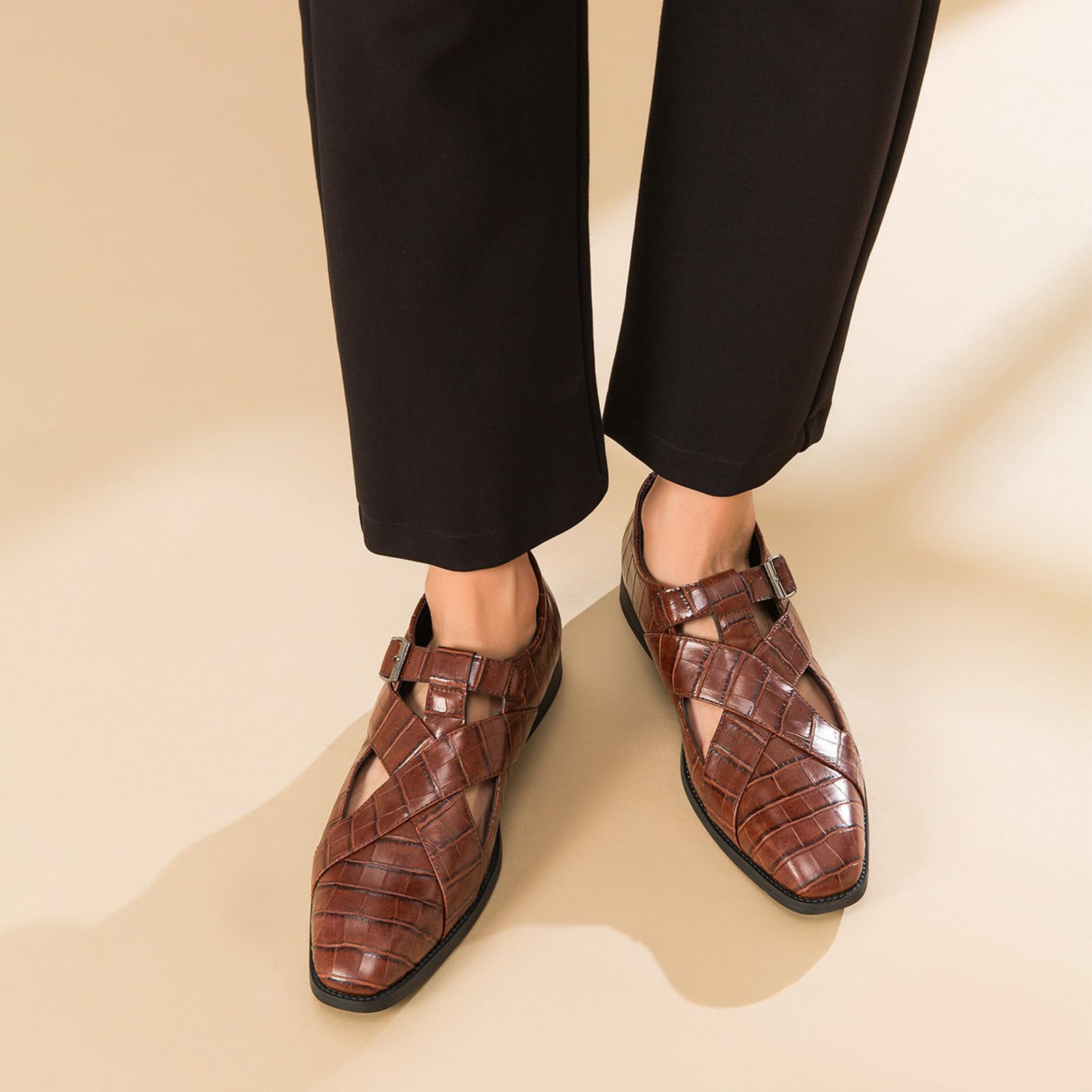 ANUFER Hommes Creusé Cuir Sandales Boucle Réglable Été Chaussures Habillées