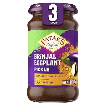 Pataks Brinjal Eggplant Pickle - Medium Heat Spicy Indian Pickle Relish w/Mustard Seeds, Garlic & Aromatic Spices - Vegan & Gluten-Free Indian Eggplant Achar - Ready to Serve - 11oz Jar Pack of 3