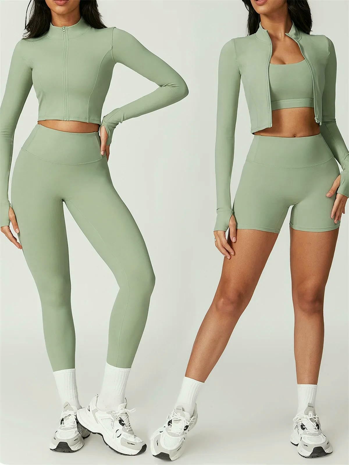 Shapewear 3-częściowy zestaw szortów do jogi dla kobiet ubrania na siłownię biustonosz fitness kurtka z długim rękawem legginsy z wysokim stanem odporne na wstrząsy - zielony 1-XL, Zielony 1