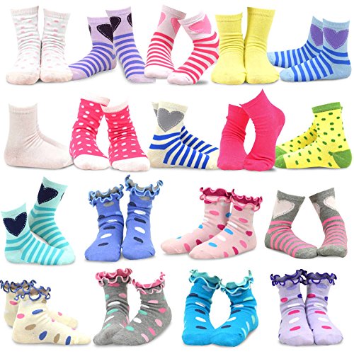 TeeHee Little Girls and Toddler Cute Novelty and Fashion Cotton Crew Socks 18 Pair Pack Gift Box (9-10 Years,)2