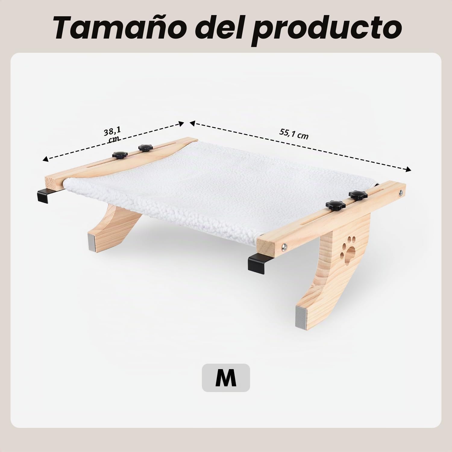 AMOSIJOY Hamaca Resistente para Gatos con Marco de Madera y Metal para Gatos Grandes, Cama fácil de Ajustar para alféizar de Ventana, mesita de Noche, cajón y Armario (21.7 Pulgadas, Felpa Blanca)