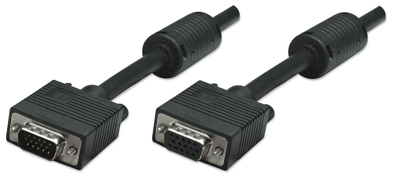 Manhattan SVGA Extension Cable with Ferrite Cores, HD15, 1.8m, Male to Female, Shielded with Ferrite Cores to help minimise EMI interference for improved video transmission, Black, Lifetime Warranty