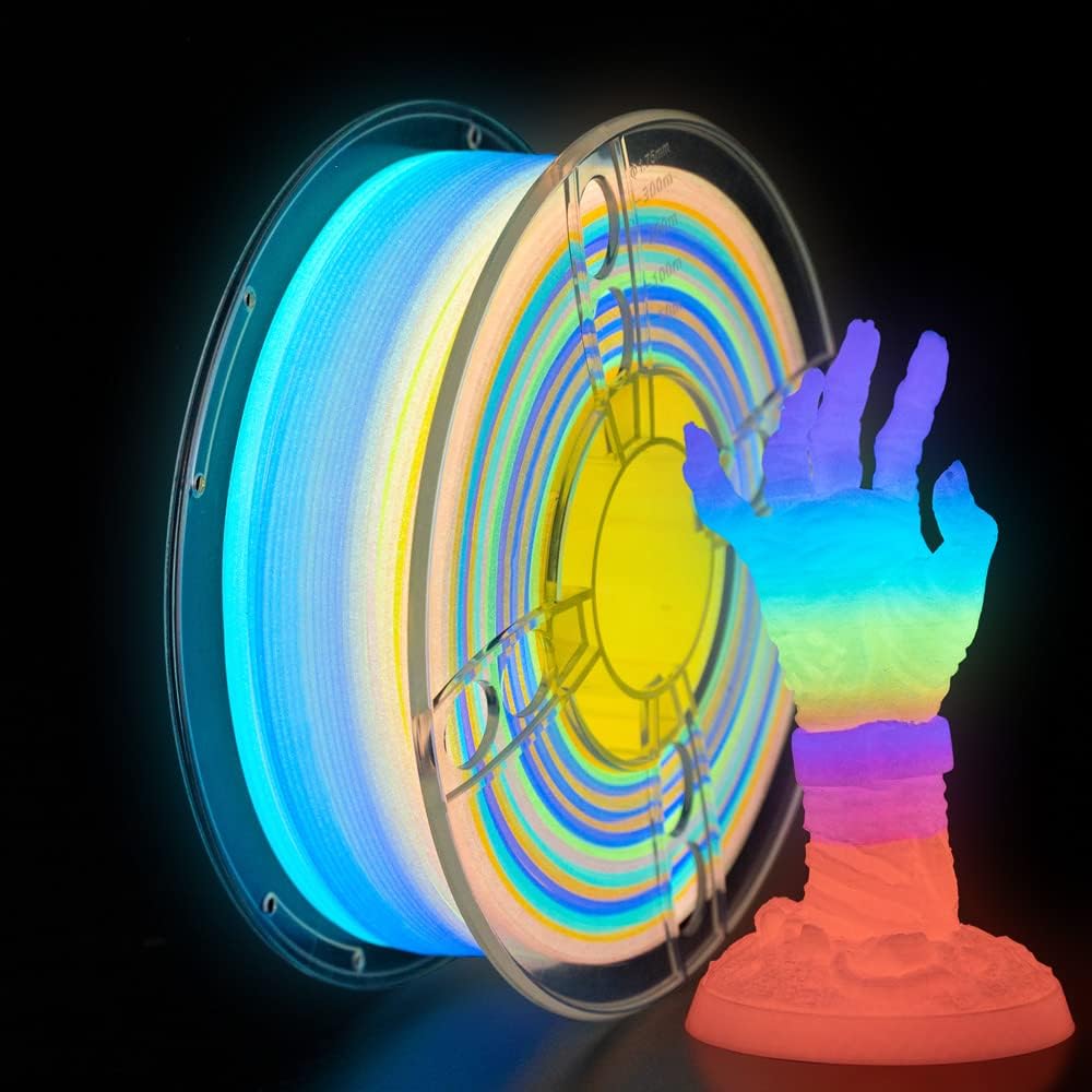 TRONXY Glow in the Dark 3D Printer Filament, Luminous Multicolor PLA Filament, 1.75mm, Gradient, 1kg (2.2lbs), 1 Spool, Rainbow PLA Multicolor Changes