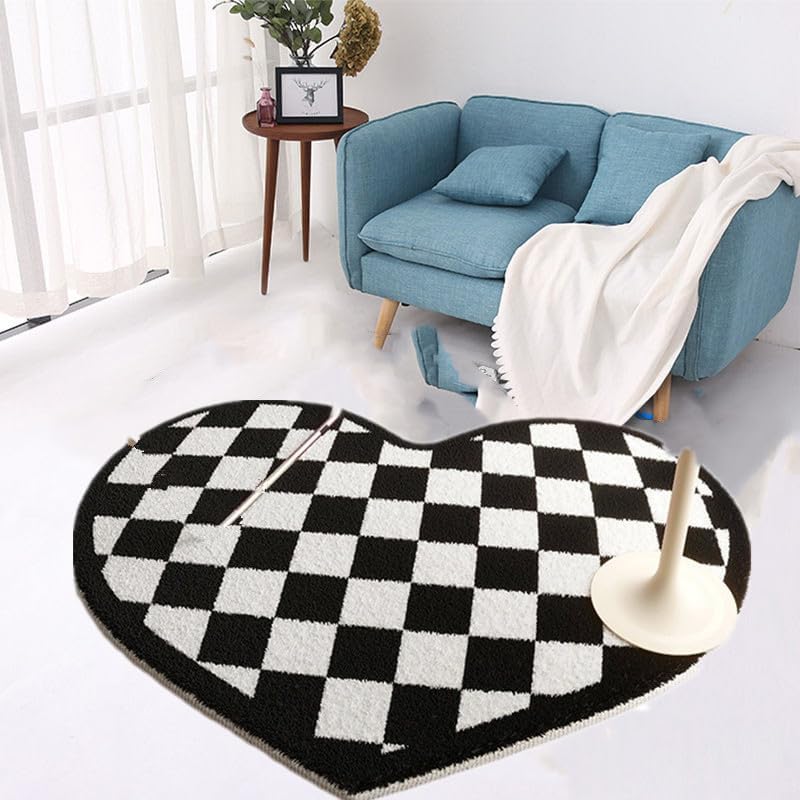 Retro Black White Checkered Rugs with Heart Shaped Shag Rug for Girls Bedroom 48”x48”, Soft Furry Carpets Chair Mat Non-Slip (Checkered, 32''x32'')