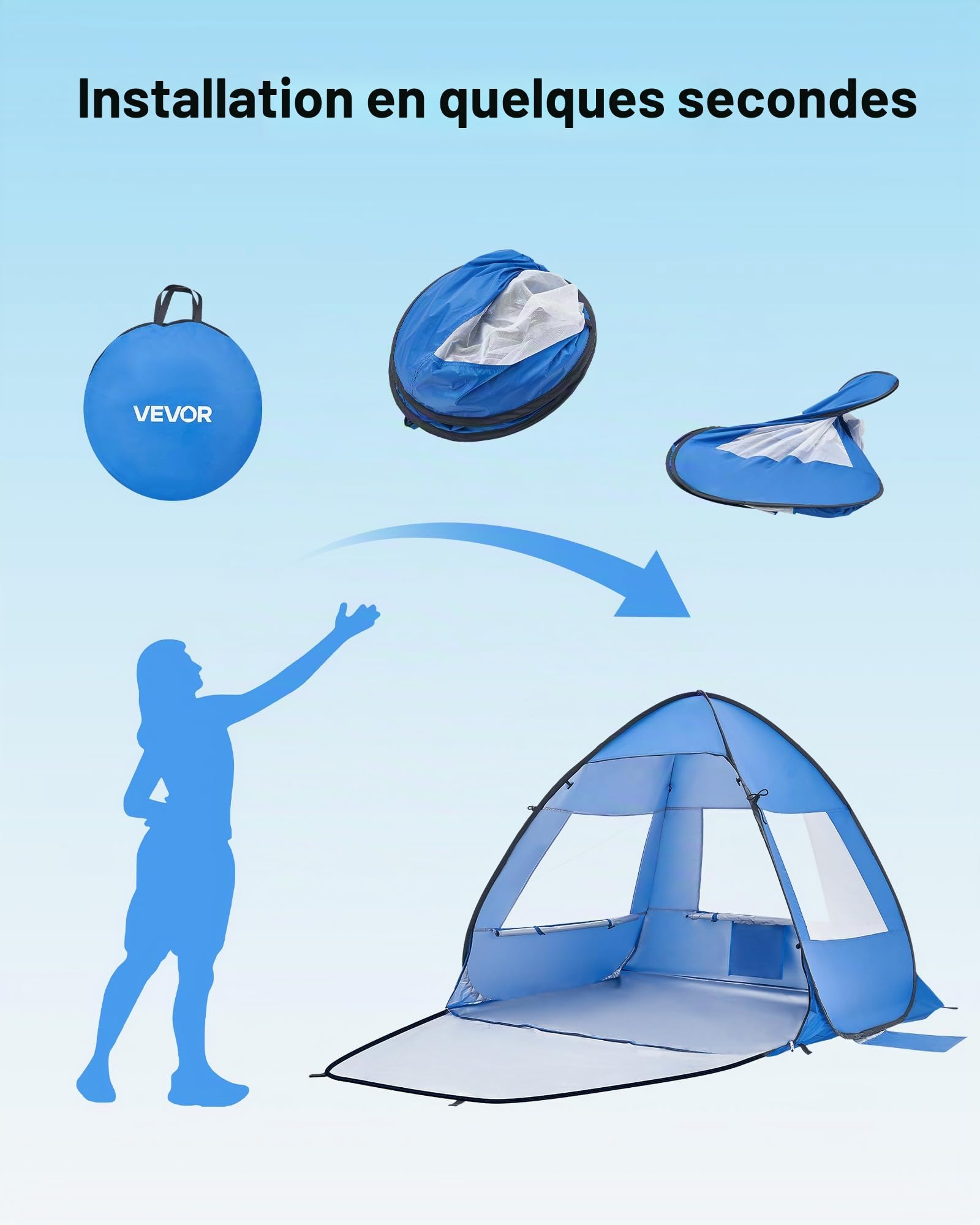 VEVOR Tente de Plage Portable pour 2 Personnes, Abri de Plage Anti-UV Protection UPF 50+, Auvent de Camping Pêche Pique-niques en Plein Air, Abri Soleil avec Sac de Transport et Poches à Sable