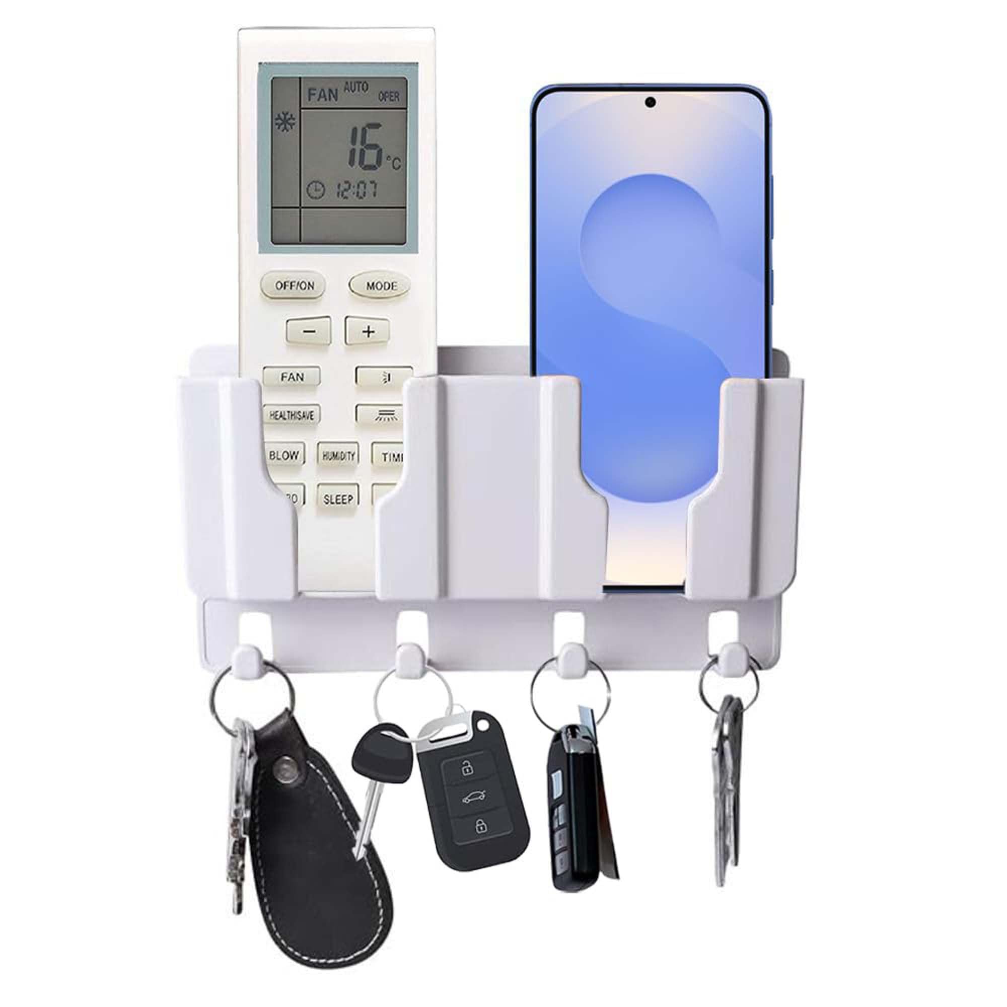 Aervin Wall Mounted Two Mobile Holder Stand | Self Adhesive 2 Phone Charging Stand, Remote Control Holder & Key Hooks Organizer | Multipurpose Storage Rack for Home, Office & Bedroom (Multicolor)-image-41