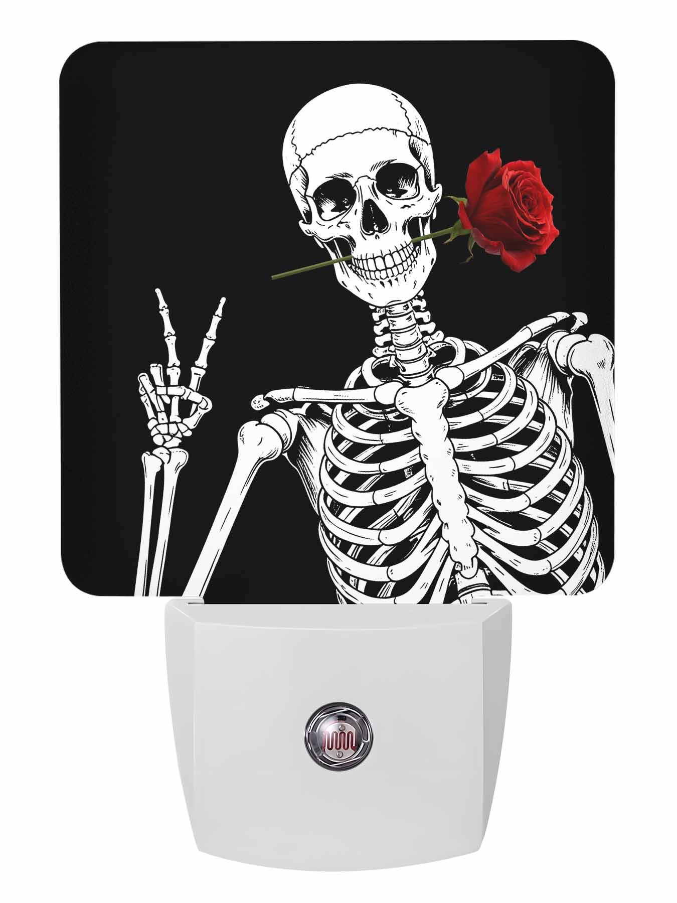 Halloween Night Lights Auto Sensor Rose Skull Plug-in LED Nightlights Dusk to Dawn for Living Room, Bedroom, Bathroom, Kitchen, Stairways, Hallway Wall Decor, Black Funny Skeleton Night Light