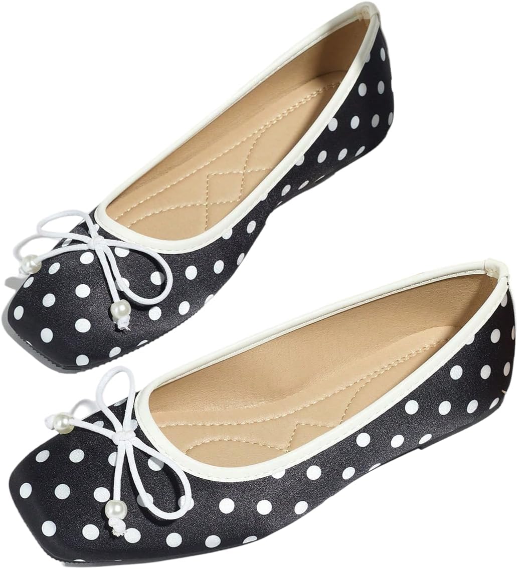 MakeMeChic Women's Bow Knot Polka Dots Flat Shoes Beaded Closed Toe PU Leather Spring Summer Flats